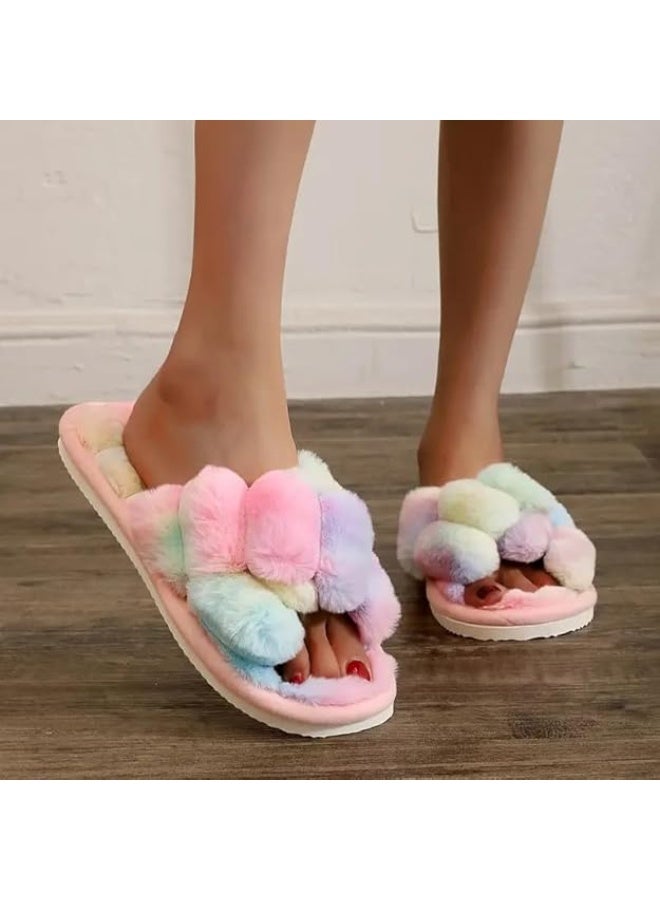 UKR UKR Women’s Home Slippers Soft Breathable Furry Open-Toe Cozy Indoor Footwear Stylish Fluffy EVA Sole (Rainbow, EU Footwear Size System, Adult, Women, Numeric Range, Medium, 36, 37) - Image 2