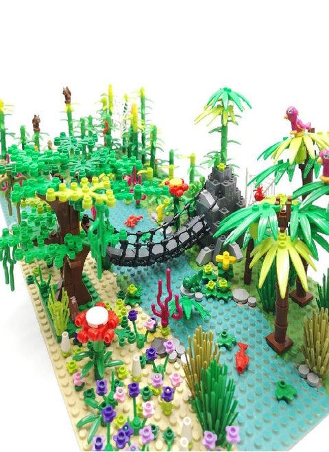 ZHX Rainforest Jungle Bridge Building Block Toys with 2pcs Baseplates(10x10 inches Each) Garden Bricks Accessories Bush Flowers Animals Coconut Trees for Classic Brick Block Toys
