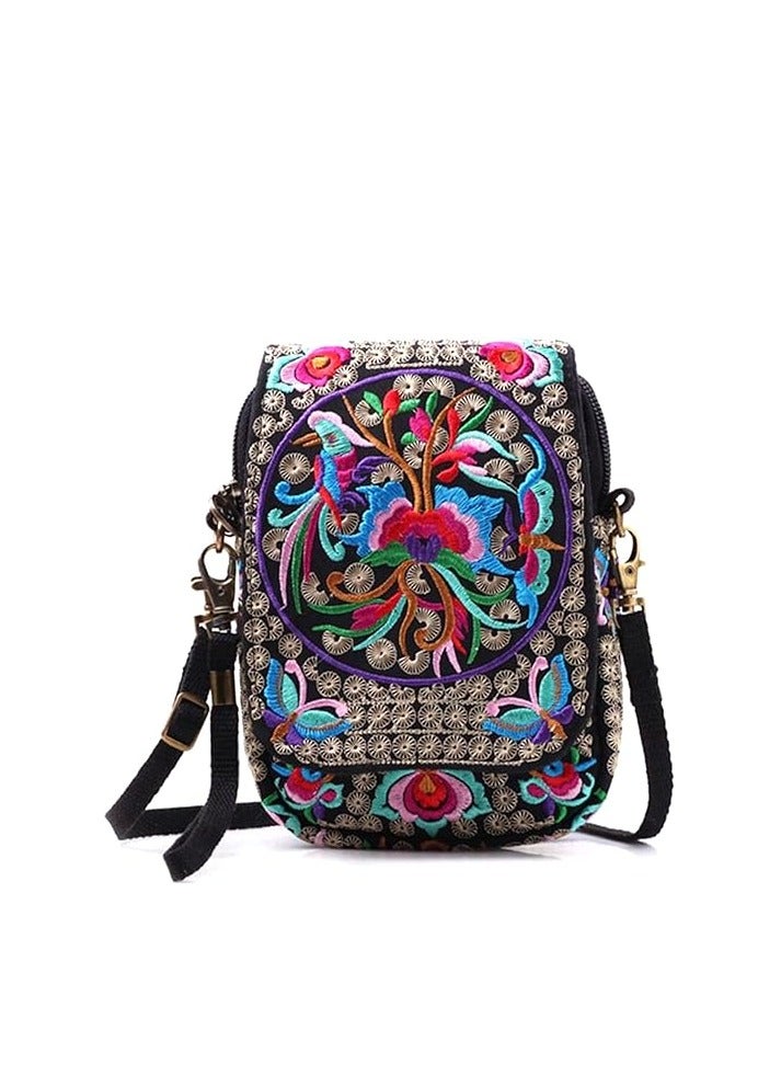 GoodHands Flowers Embroidery Canvas Crossbody Bag, Women Messenger Bag, Cellphone Pouch Purse - Image 1