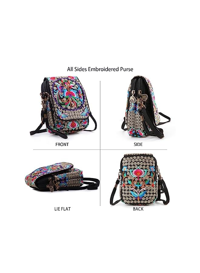 GoodHands Flowers Embroidery Canvas Crossbody Bag, Women Messenger Bag, Cellphone Pouch Purse - Image 3