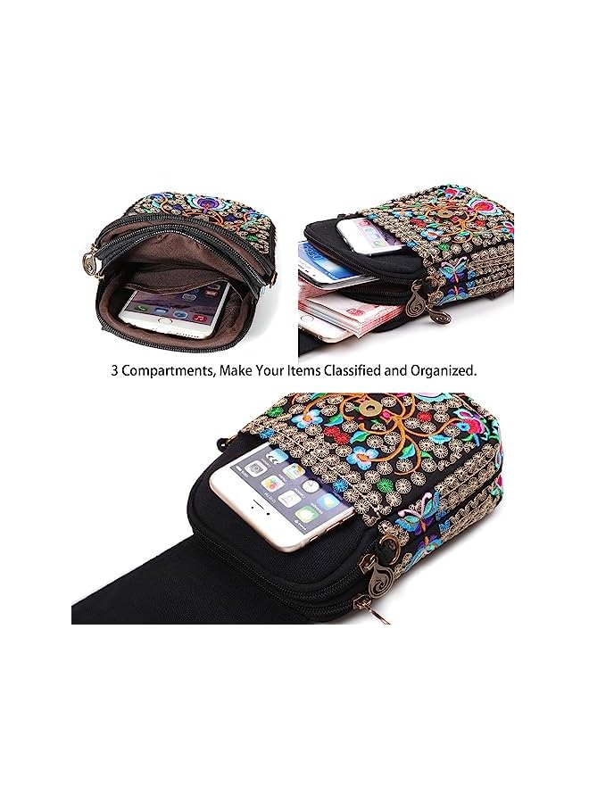 GoodHands Flowers Embroidery Canvas Crossbody Bag, Women Messenger Bag, Cellphone Pouch Purse - Image 4