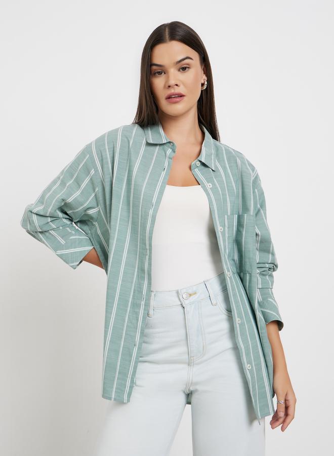 Styli Green Striped Oversized Shirt - Image 1