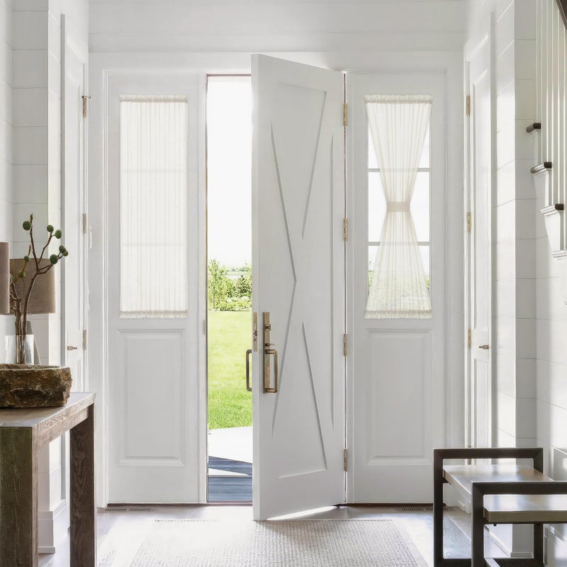 FMFUNCTEX Linen Sheer Side Door Curtains 40 Inches Long for Front Glass Door Patio Door Windows  Natural Flax Blend Small Sidelight French Door Curtain Panels with Tiebacks  2 Panels Rod Pocket - Image 2