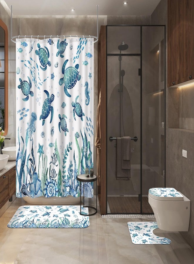 Lofaris Sea Turtle Shower Curtain Set, 4-Piece Blue Underwater World Bathroom Decor, Non-Slip Rugs, Ocean-Themed Coral Design - Image 2