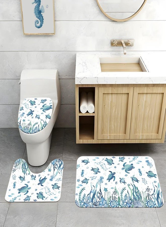 Lofaris Sea Turtle Shower Curtain Set, 4-Piece Blue Underwater World Bathroom Decor, Non-Slip Rugs, Ocean-Themed Coral Design - Image 3