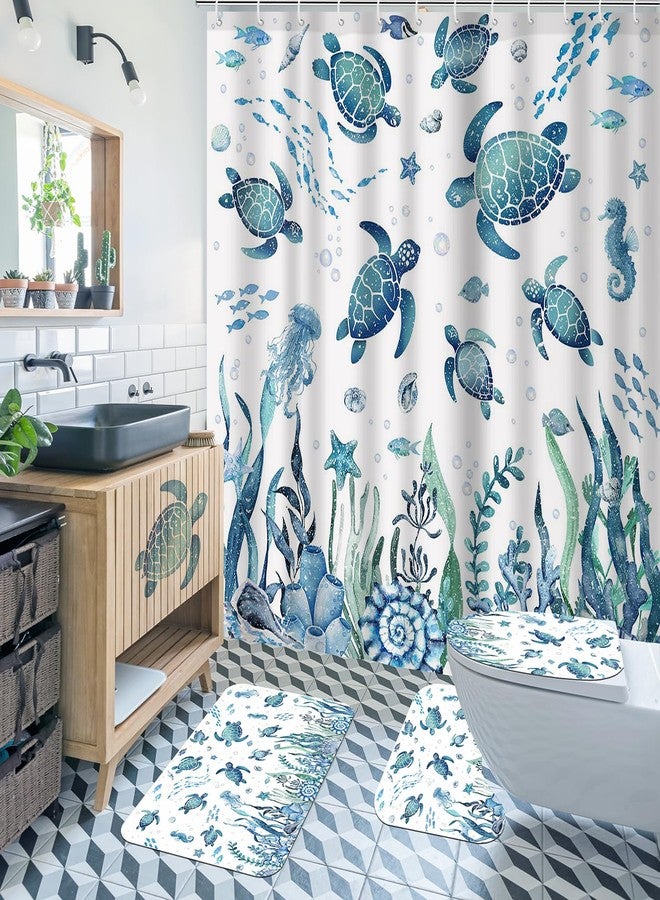 Lofaris Sea Turtle Shower Curtain Set, 4-Piece Blue Underwater World Bathroom Decor, Non-Slip Rugs, Ocean-Themed Coral Design - Image 1