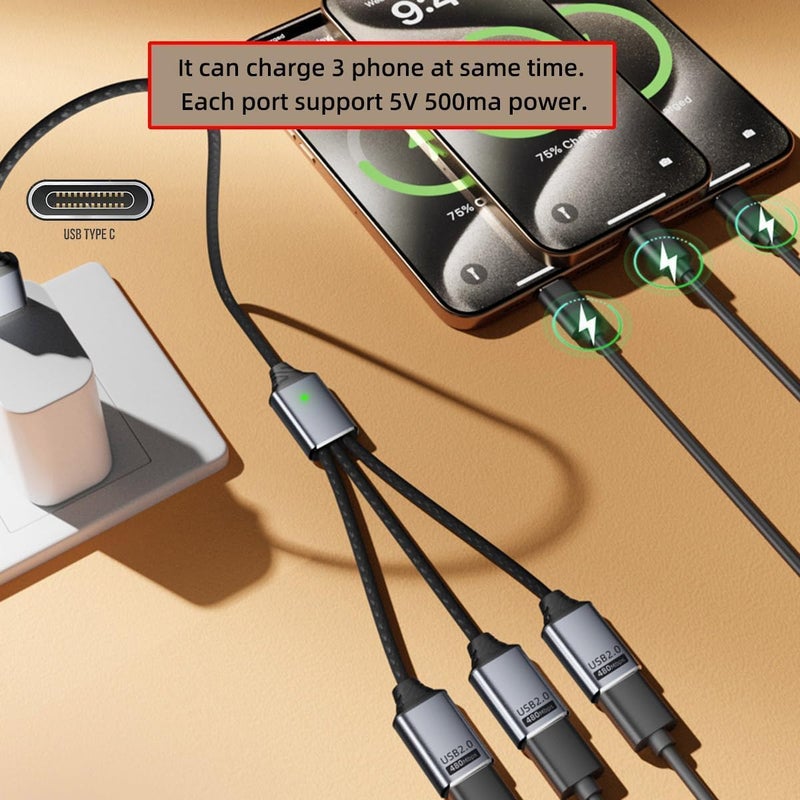 كاست ويف موزع USB 2.0 Type-C، كابل موزع من 3 منافذ USB-C إلى 3 منافذ، نقل بيانات بسرعة 480 ميجابت في الثانية، يعمل بالطاقة من الناقل لأجهزة الكمبيوتر المحمول والمكتبي والهاتف والفأرة ولوحة المفاتيح والطابعة والقرص - Image 5