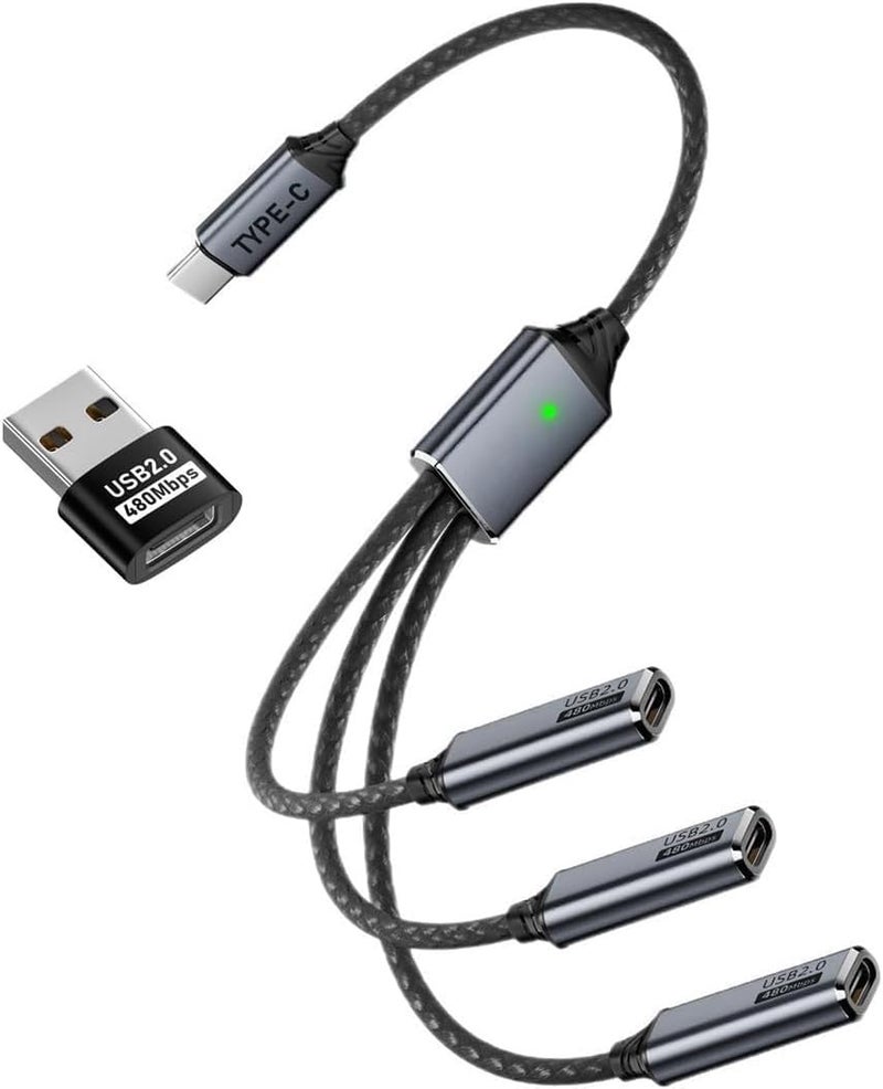 كاست ويف موزع USB 2.0 Type-C، كابل موزع من 3 منافذ USB-C إلى 3 منافذ، نقل بيانات بسرعة 480 ميجابت في الثانية، يعمل بالطاقة من الناقل لأجهزة الكمبيوتر المحمول والمكتبي والهاتف والفأرة ولوحة المفاتيح والطابعة والقرص - Image 1