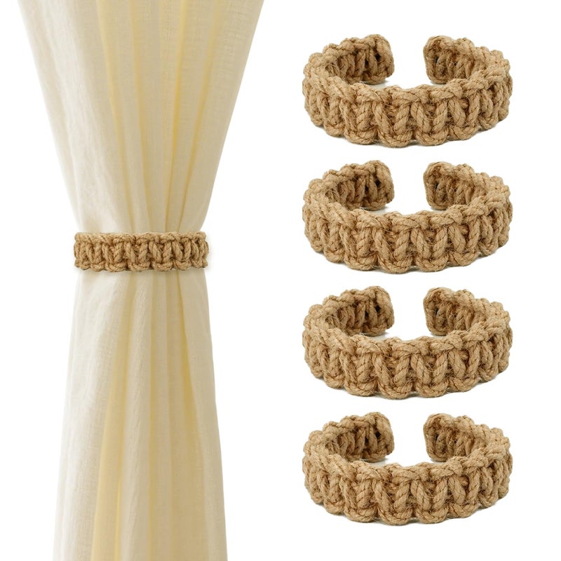 EQUNROY Outdoor Curtain Tiebacks, Curtain Ties (4 Pack) - Boho Braided Farmhouse Rustic Flexible Rope Drapes Holder, Burlap Elegant Light Curtain Holdback for Home Bedroom Office Decorative - Image 1