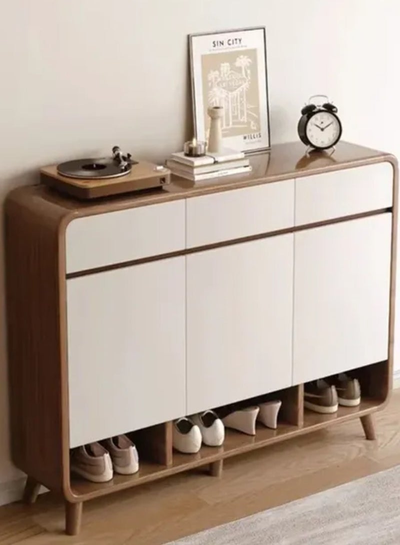 اليسا خزانة أحذية عصرية ١٢٠ سم - رف أحذية للمدخل بحافة مستديرة مع ٣ أدراج و٣ أبواب وحجرات مفتوحة، وأرجل خشبية مرتفعة، وتصميم ثابت، وخزانة تخزين أنيقة للمدخل - Image 1