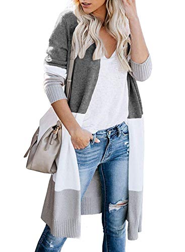 CARDYDONY Women's Plus Striped Open Front Boho Duster Cardigan Gray A XL - Image 1