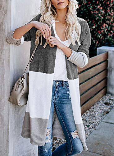 CARDYDONY Women's Plus Striped Open Front Boho Duster Cardigan Gray A XL - Image 3