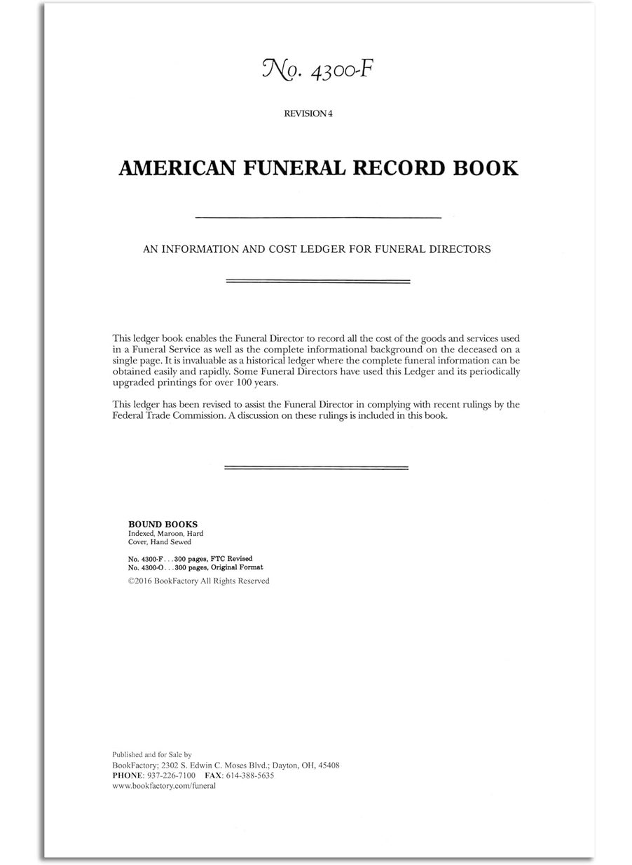 BookFactory BookFactory American Funeral Record BookFuneral Home Log Book  FJ Feineman Co 4300F Version 336 Pages Burgundy Cover Section Sewn Hardbound 8 78 x 13 12 LOG3364300FLMT38  - Image 3