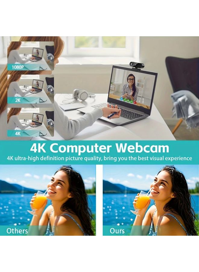 كاميرا ويب بدقة 4K فائقة الوضوح مع ميكروفونات مزدوجة لعزل الضوضاء، عدسة بزاوية واسعة مع تركيز تلقائي، غطاء خاص للخصوصية، توصيل وتشغيل عبر USB 2.0، مناسبة لأجهزة الكمبيوتر والبث المباشر. - Image 5