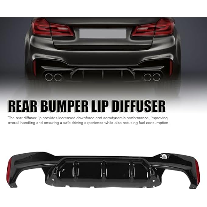 Luocute Rear Diffuser, Rear Bumper Lip Diffuser Quad Outlet with Tow Hook Cover for M Competition High Performance Strong Protection Replacement for 5 Series G30 G31 M Sport M5 (Glossy Black) - Image 4