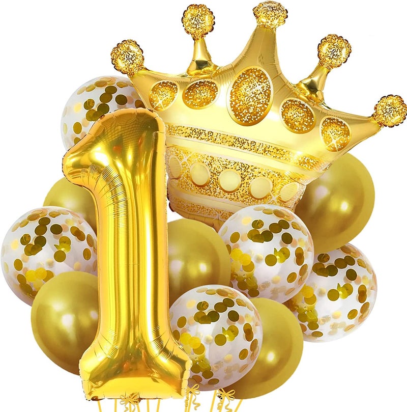 Lazybeee Gold 1 Balloon for First Birthday - 32-Inch, Pack Of 12 | Crown Balloons | Number 1 Balloon for First Birthday Decorations for Girl Boy | 1St Birthday Girl Decoration, First Birthday Rubber - Image 1