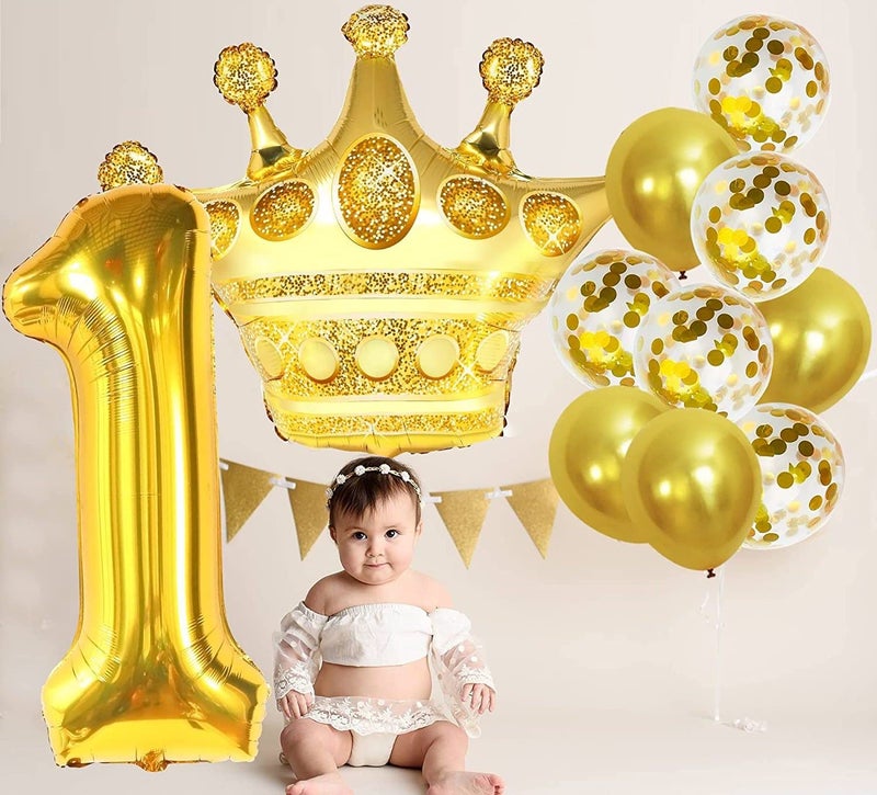 Lazybeee Gold 1 Balloon for First Birthday - 32-Inch, Pack Of 12 | Crown Balloons | Number 1 Balloon for First Birthday Decorations for Girl Boy | 1St Birthday Girl Decoration, First Birthday Rubber - Image 4