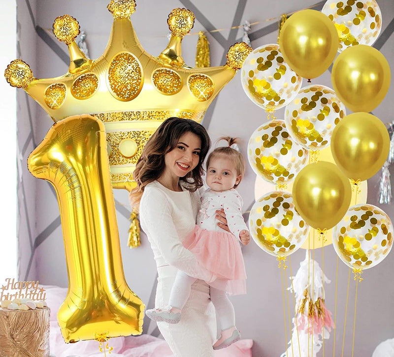 Lazybeee Gold 1 Balloon for First Birthday - 32-Inch, Pack Of 12 | Crown Balloons | Number 1 Balloon for First Birthday Decorations for Girl Boy | 1St Birthday Girl Decoration, First Birthday Rubber - Image 3