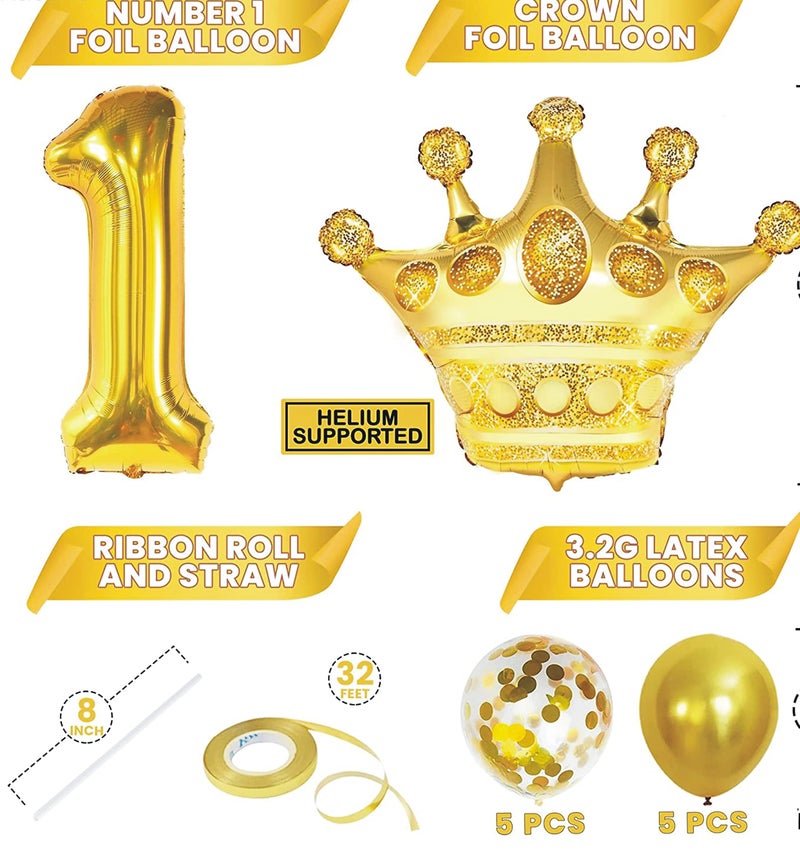 Lazybeee Gold 1 Balloon for First Birthday - 32-Inch, Pack Of 12 | Crown Balloons | Number 1 Balloon for First Birthday Decorations for Girl Boy | 1St Birthday Girl Decoration, First Birthday Rubber - Image 2