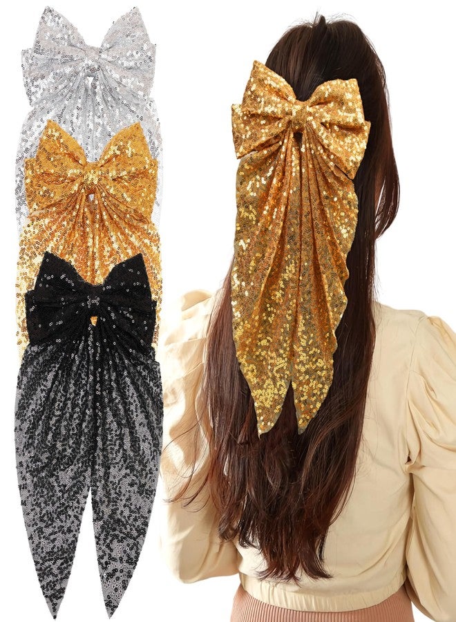 Ayesha 3Pcs Big Glitter Hair Bows for Women Girls 8 Inch Sequin Hair Bows Clips Black/Sliver/Gold Bows Sparkly Coquette Bows Style Hair Accessories - Image 1
