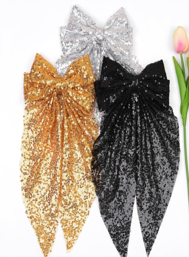 Ayesha 3Pcs Big Glitter Hair Bows for Women Girls 8 Inch Sequin Hair Bows Clips Black/Sliver/Gold Bows Sparkly Coquette Bows Style Hair Accessories - Image 2