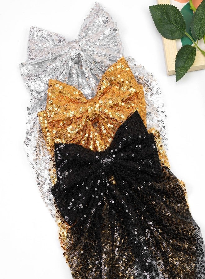Ayesha 3Pcs Big Glitter Hair Bows for Women Girls 8 Inch Sequin Hair Bows Clips Black/Sliver/Gold Bows Sparkly Coquette Bows Style Hair Accessories - Image 4