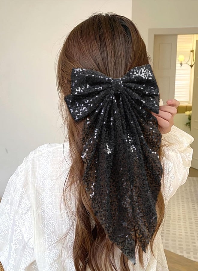 Ayesha 3Pcs Big Glitter Hair Bows for Women Girls 8 Inch Sequin Hair Bows Clips Black/Sliver/Gold Bows Sparkly Coquette Bows Style Hair Accessories - Image 3