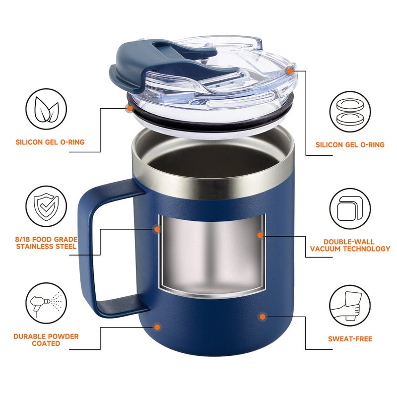 ALOUFEA 12oz Insulated Coffee Mug Cup with Handle, Stainless Steel Travel Coffee Mug with Flip Lid, Double Wall Vacuum Coffee Tumbler, Navy - Image 4