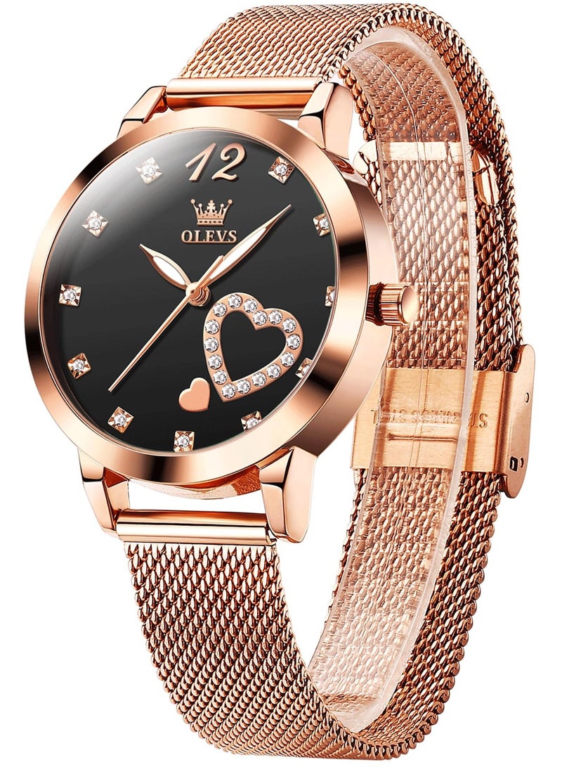 أوليفز ساعة يد نسائية صغيرة من الذهب الوردي مع قرص على شكل قلب من الألماس بأرقام عربية أنيقة مقاومة للماء بسوار شبكي وساعة رسمية تناظرية للنساء - Image 1