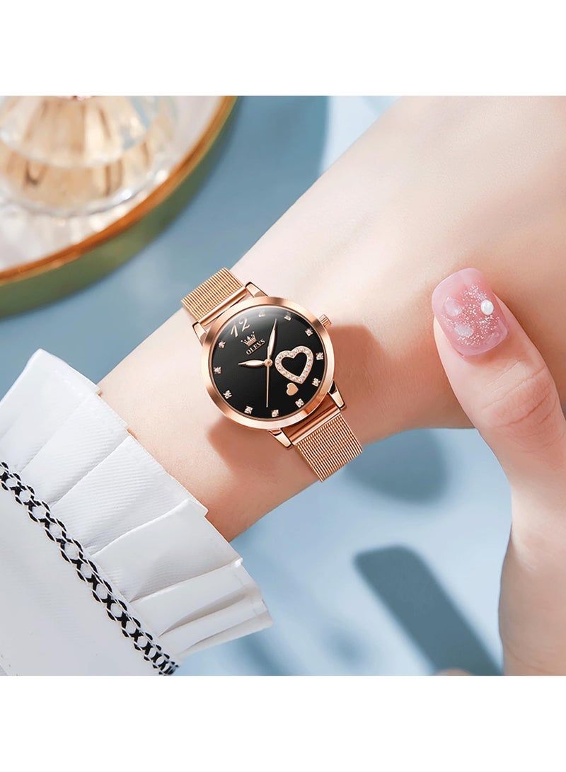 أوليفز ساعة يد نسائية صغيرة من الذهب الوردي مع قرص على شكل قلب من الألماس بأرقام عربية أنيقة مقاومة للماء بسوار شبكي وساعة رسمية تناظرية للنساء - Image 2