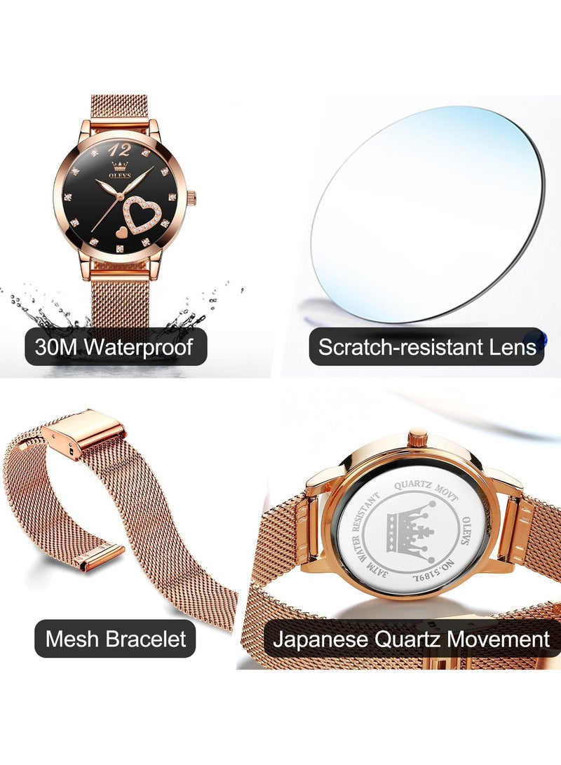 أوليفز ساعة يد نسائية صغيرة من الذهب الوردي مع قرص على شكل قلب من الألماس بأرقام عربية أنيقة مقاومة للماء بسوار شبكي وساعة رسمية تناظرية للنساء - Image 5