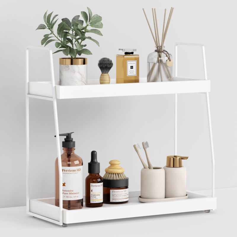 Forbena White 2 Tier Bathroom Organizer Countertop Small Counter Top Organizer for Bathroom Decor Modern Kitchen Counter Shelf for Snack Vanity Makeup Organizers and Storage Tray for Bedroom - Image 2