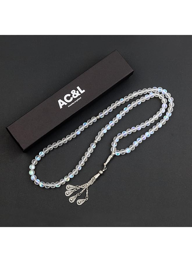 AC&L Translucent White Glitter Natural Agate Tasbeeh Prayer Beads 8Mm Stones - Image 3
