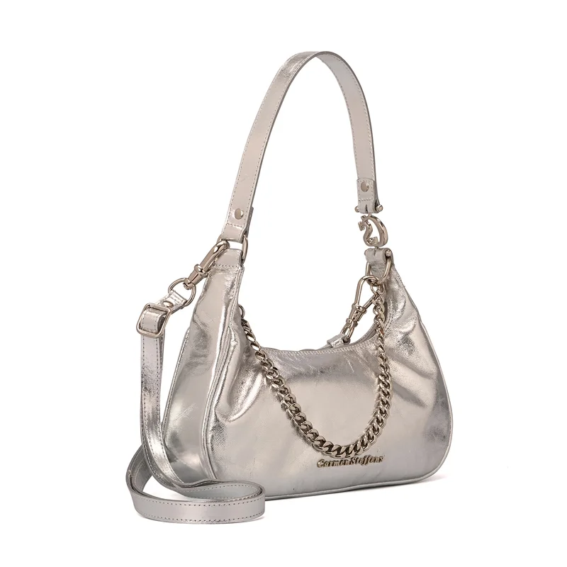 Half-Moon Silver Leather Bag with Chain