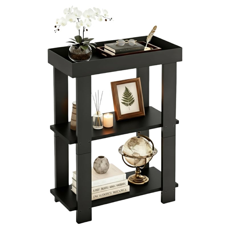 ZEXVIDA Narrow Side Table Black, 3-Tier Side Table, Rustic Farmhouse Narrow End Table with Storage, Slim Table Nightstand for Small Spaces, Bedroom or Living Room (Black) - Image 1