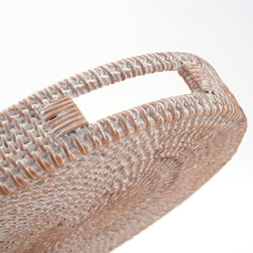 DECRAFTS Round Rattan Serving Tray Decorative Woven Ottoman Trays with Handles for Coffee Table White (Small 11.8 inch x 2 inch) - Image 4