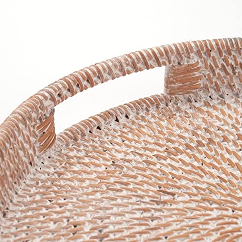 DECRAFTS Round Rattan Serving Tray Decorative Woven Ottoman Trays with Handles for Coffee Table White (Small 11.8 inch x 2 inch) - Image 3