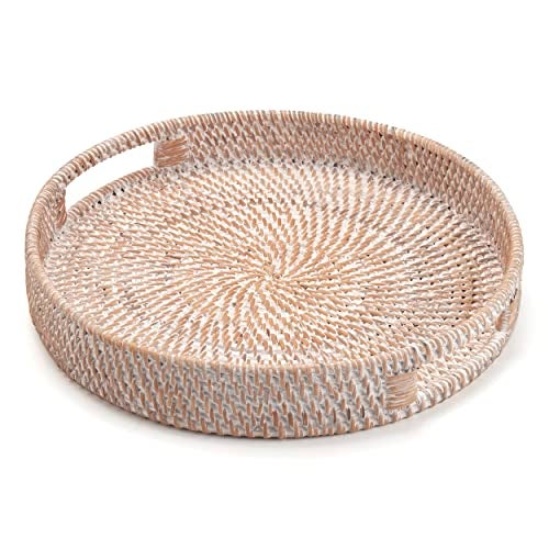 DECRAFTS Round Rattan Serving Tray Decorative Woven Ottoman Trays with Handles for Coffee Table White (Small 11.8 inch x 2 inch) - Image 2