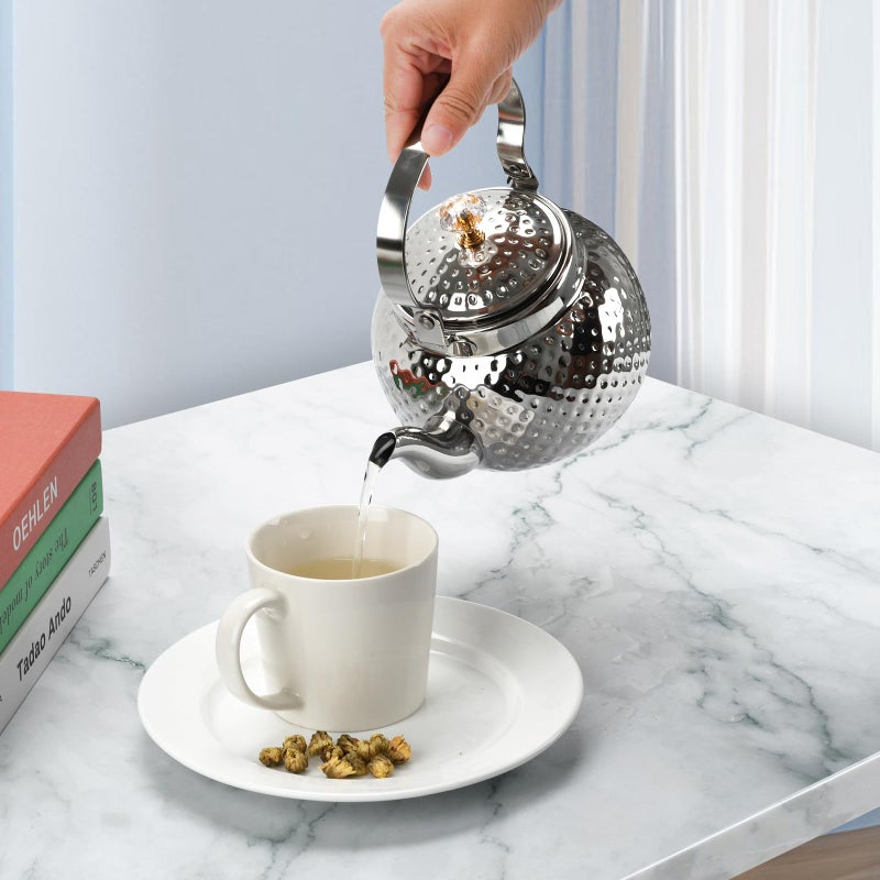 BSDLZCH Hammered Tea Kettle, Stainless Steel Tea/Coffee Pot Loose Leaf Teapot for Tea, Milk, Coffee, 1.2L Teapot with Strainer Stovetop Tea Kettle, Outdoor Travel Supplies, Gift For Tea (Silver) - Image 2