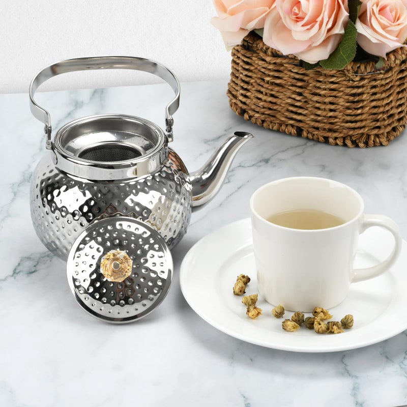 BSDLZCH Hammered Tea Kettle, Stainless Steel Tea/Coffee Pot Loose Leaf Teapot for Tea, Milk, Coffee, 1.2L Teapot with Strainer Stovetop Tea Kettle, Outdoor Travel Supplies, Gift For Tea (Silver) - Image 4
