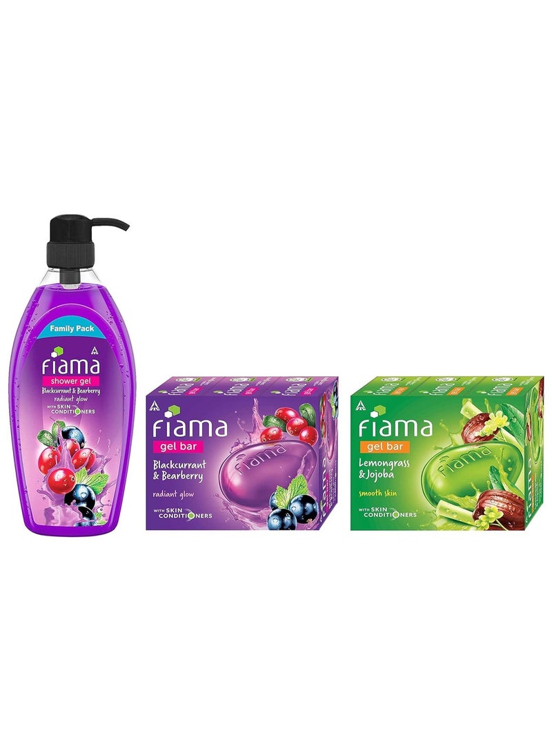 Fiama Shower Gel, Fiama Gel Bar , Blackcurrant and Bearberry &Fiama Gel Bar, Lemongrass And Jojoba for Smooth Skin, With Skin Conditioners, 125g (Pack Of 3) - Image 1