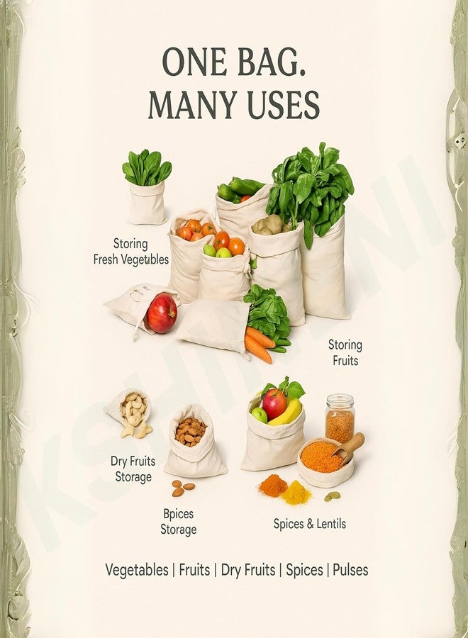 KITDAO KITCHENDAO Cotton Vegetable Bags Fridge Storage Bag Sabji Fruits Pouch Refrigerator Produce bags Clothe Muslin Reusable Washable with Drawstrings (10 x 15inch) (pack of 8) - Image 3