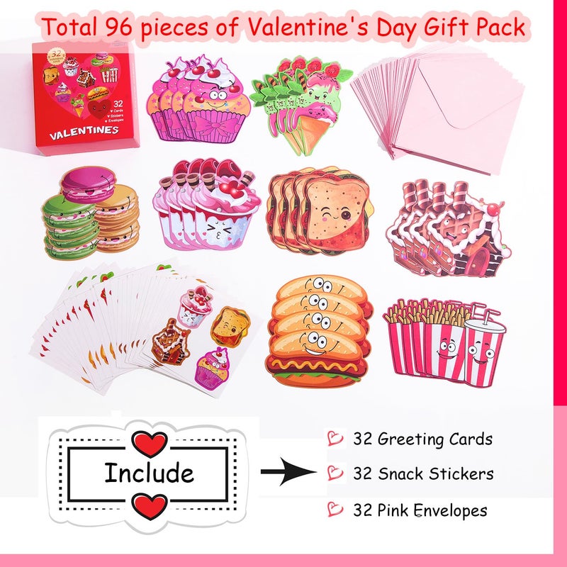 JIALWEN Valentines Day Cards for Kids 96 Pack with 32 Snack Valentine Cards, 32 Pink Gift Envelopes, 32 Snack Stickers Kids Valentines Day Cards School Classroom Prize Party Exchange Gifts - Image 2