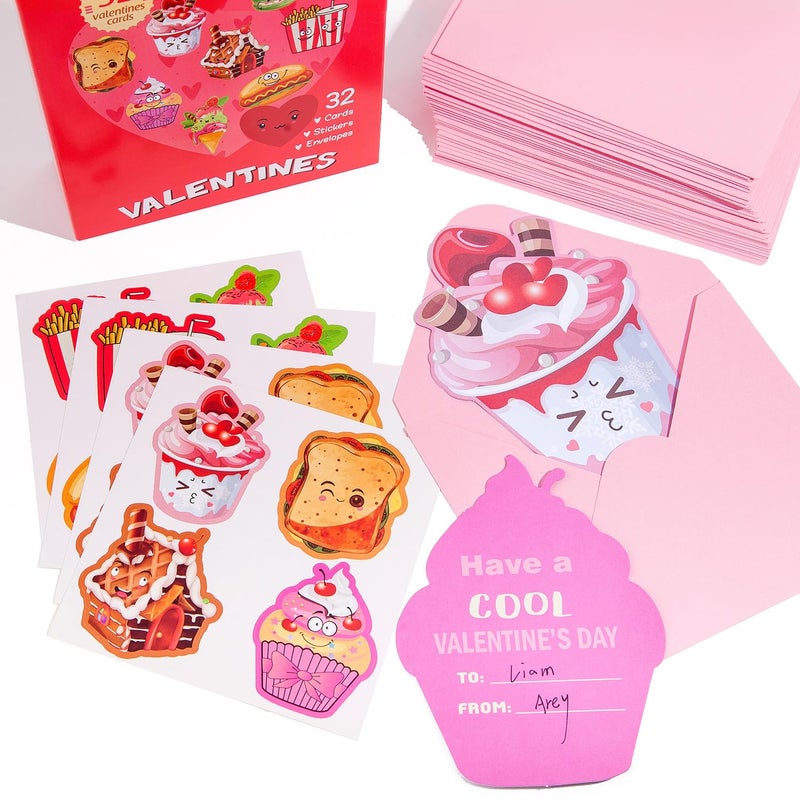 JIALWEN Valentines Day Cards for Kids 96 Pack with 32 Snack Valentine Cards, 32 Pink Gift Envelopes, 32 Snack Stickers Kids Valentines Day Cards School Classroom Prize Party Exchange Gifts - Image 4