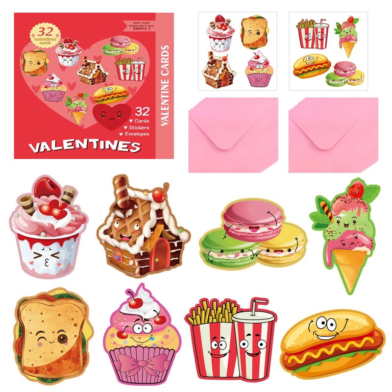 JIALWEN Valentines Day Cards for Kids 96 Pack with 32 Snack Valentine Cards, 32 Pink Gift Envelopes, 32 Snack Stickers Kids Valentines Day Cards School Classroom Prize Party Exchange Gifts - Image 1
