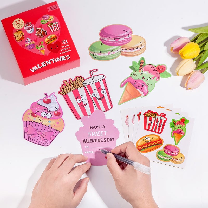 JIALWEN Valentines Day Cards for Kids 96 Pack with 32 Snack Valentine Cards, 32 Pink Gift Envelopes, 32 Snack Stickers Kids Valentines Day Cards School Classroom Prize Party Exchange Gifts - Image 3