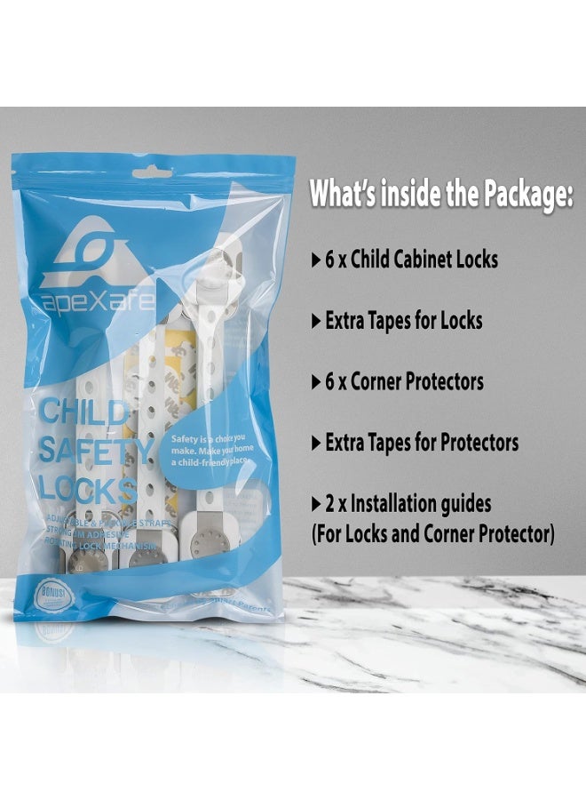 إيروريكس مجموعة أقفال خزانة أمان الأطفال من Apexafe، مكونة من 6 قطع، مزاليج قابلة للتعديل لحماية الأطفال مع لاصق 3M و6 واقيات للزوايا، نظام قفل مزدوج، حزام مرن، تركيب بدون مثقاب للأدراج والثلاجة والمرحاض والفرن - Image 2