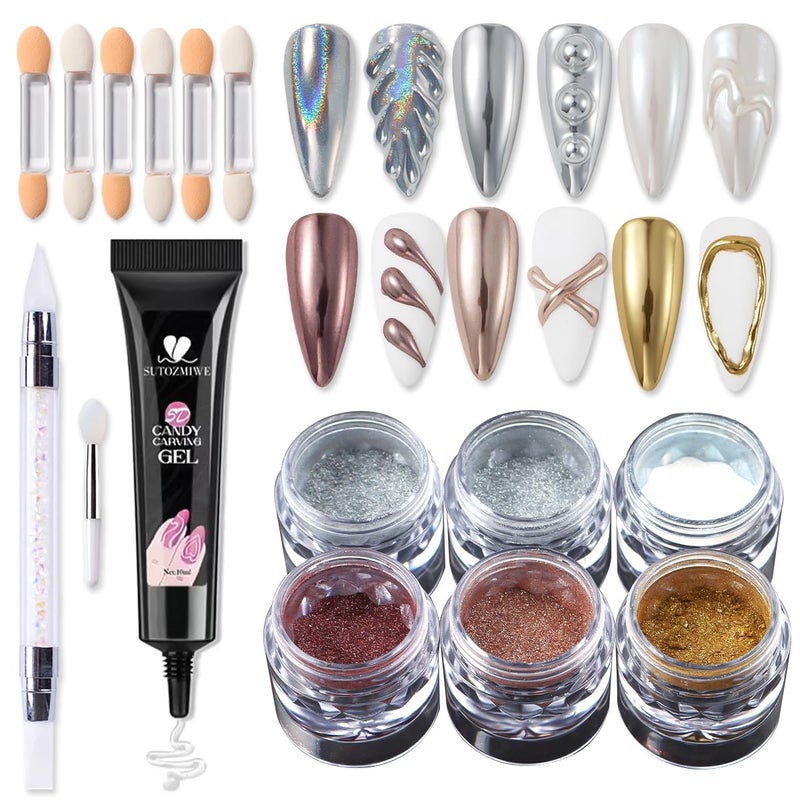SUTOZMIWE Chrome Nail Powder and 3D Nail Gel Kit Metallic Mirror Glitter Effect Chrome Powder For Nail Art Holographic Aurora Iridescent Dip Dust Pigment and 10g Sculpting Gel Set for Nail Decor DIY - Image 3