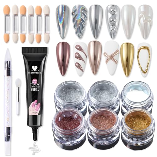 SUTOZMIWE Chrome Nail Powder and 3D Nail Gel Kit Metallic Mirror Glitter Effect Chrome Powder For Nail Art Holographic Aurora Iridescent Dip Dust Pigment and 10g Sculpting Gel Set for Nail Decor DIY - Image 1