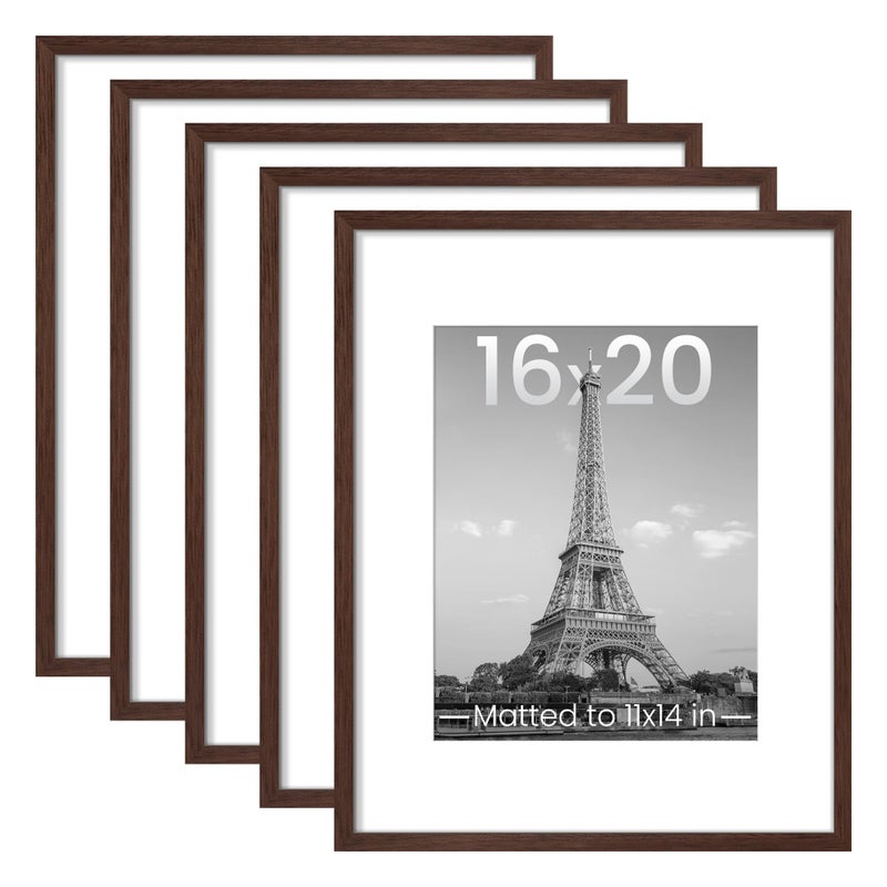 upsimples 16x20 Picture Frame Set of 5, Display Pictures 11x14 with Mat or 16 x 20 Without, Wall Gallery Poster Frames, Brown - Image 1